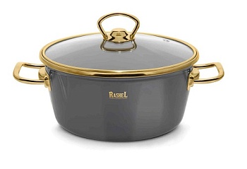 Кастрюля RASHEL Grand R0820 2,6л эмаль, ст.крышка, ручка золото; графитовый, индукция