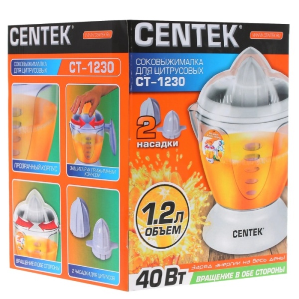 5. Соковыжималка для цитрусовых Centek CT-1230, 1,2 л, 40 Вт,прозрачный корпус,съёмный кувшин,2 насадки