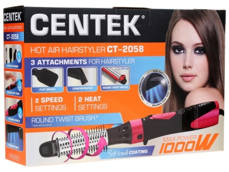3. Фен-щетка Centek CT-2058 1000 Вт, СКЛАДНОЙ ТВИСТЕР, 3 насадки, 2 скорости,2 температуры