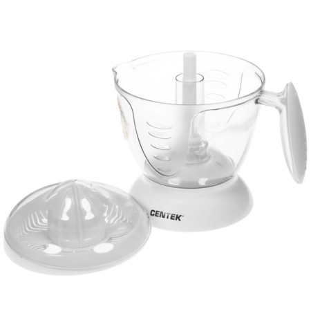 3. Соковыжималка для цитрусовых Centek CT-1230, 1,2 л, 40 Вт,прозрачный корпус,съёмный кувшин,2 насадки
