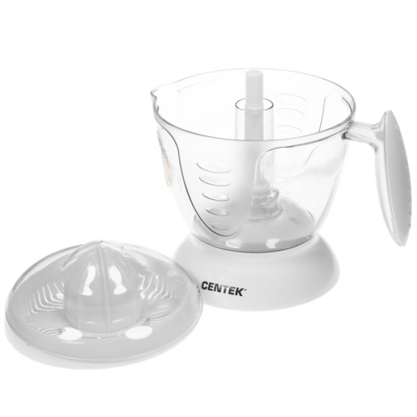 3. Соковыжималка для цитрусовых Centek CT-1230, 1,2 л, 40 Вт,прозрачный корпус,съёмный кувшин,2 насадки